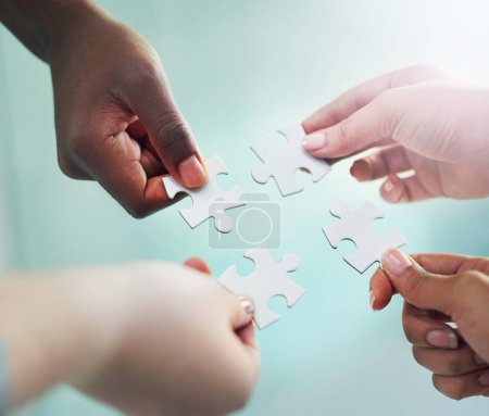 Photo for Business people, hands and puzzle piece for problem solving as teamwork, project planning or brainstorming. Fingers, partnership and jigsaw for creative strategy as engineers, connection or solution. - Royalty Free Image