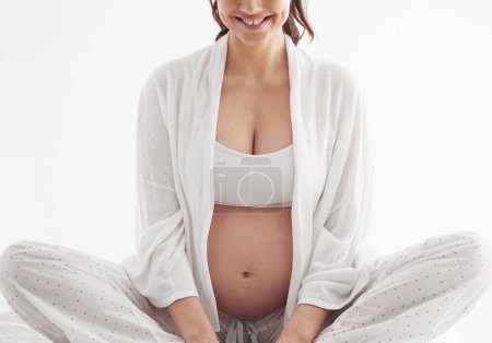 Photo for Pregnant, woman or smile to sit in bed, maternity or joy of health, wellness or peace in home. Pregnancy, mama or happy to rest, hope or imagine of future, motherhood or idea of maternal comfort. - Royalty Free Image