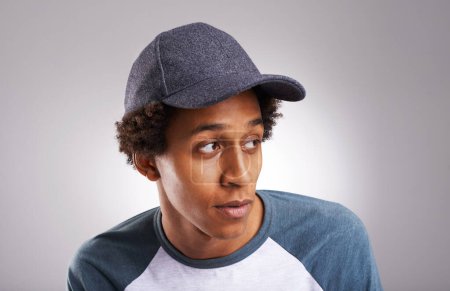Photo for Cool guy, fashion and cap in studio for trendy style or funky and creative aesthetic. African man, generation z or male fashionista with confident attitude in designer apparel wear on grey background. - Royalty Free Image