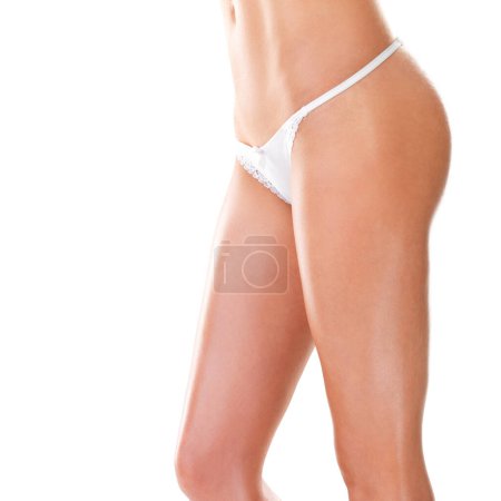 Photo for Woman, panties and body care in studio, health and skincare for smooth skin on white background. Female person, mockup space and cosmetic treatment or dermatology, self care and underwear for hygiene. - Royalty Free Image