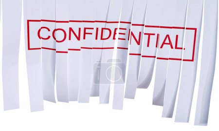 Photo for Shred, confidential or words on paper, document or top secret report to clear information or evidence in waste. Destruction, page or classified in policy, tear or privacy with cut on white background. - Royalty Free Image