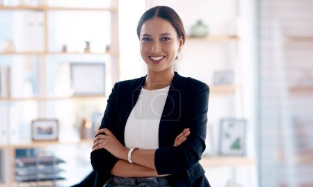Photo for Portrait, business and woman with arms crossed, smile and professional in modern office and confidence. Face, person and employee with pride for career and affirmative action with lawyer and attorney. - Royalty Free Image