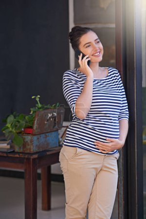 Photo for Pregnant, woman and smile with phone call in home for maternity planning, contact and consulting. Happy, person and technology with communication for pregnancy update, discussion and conversation. - Royalty Free Image