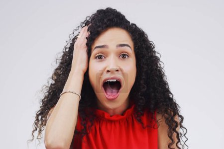 Photo for Studio background, surprised or shocked woman in portrait with mockup space, wow and mind blown with good news. Backdrop, female person and omg reaction for announcement, lottery or competition prize. - Royalty Free Image