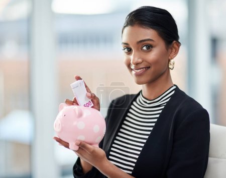 Photo for Woman, piggy bank and saving money for future investment,.financial freedom and growth in a portrait. Inflation, economy and wealth insurance with retirement fund, budget and cash for security. - Royalty Free Image