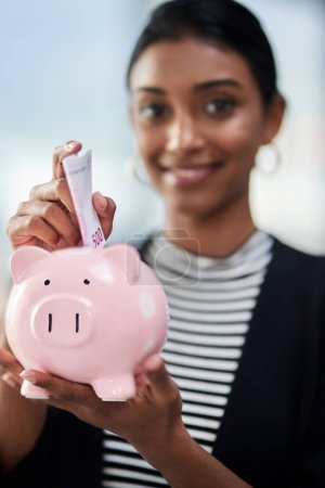 Photo for Woman, hands with piggy bank and saving money for future investment, financial freedom and growth closeup. Inflation, economy and wealth insurance with retirement fund, budget and cash for security. - Royalty Free Image
