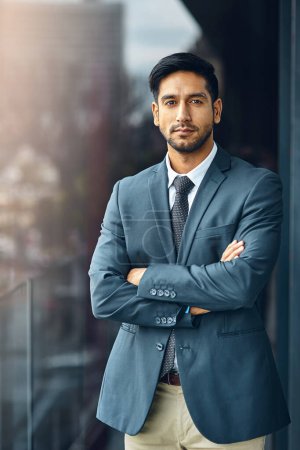 Photo for Office, balcony and portrait of man with confidence, career pride and trust in business opportunity. Consultant, entrepreneur or businessman with arms crossed, ambition and professional job in city. - Royalty Free Image