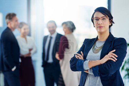 Photo for Portrait, business and woman with arms crossed, confidence and cooperation with teamwork and group. Face, person or consultant with collaboration, attorney and lawyer with corporate and legal aid. - Royalty Free Image