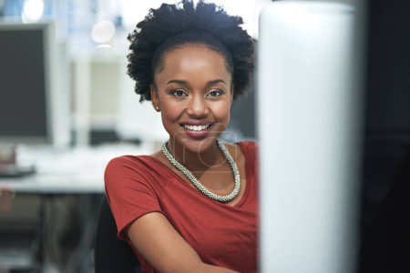 Photo for Business, black woman and creative and office portrait, worker and digital computer for website design. Technology, information and online search or networking, company employee in happy workplace. - Royalty Free Image