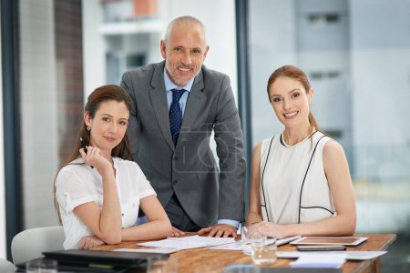 Photo for Paperwork, teamwork or business people in meeting portrait for accounting, notes or discussion. Finance, collaboration and proud accountants speaking of portfolio or planning with audit documents. - Royalty Free Image