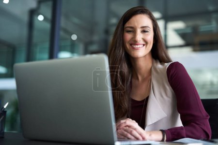Photo for Happy businesswoman and portrait with laptop for work, email and connection. Female employee, computer and technology for consulting or typing corporate startup company project with office background. - Royalty Free Image
