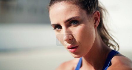 Photo for Portrait, sports and woman to relax in outdoors on break or rest for fitness, exercise and cardio for health. Sporty, active and female person or workout in sportswear for wellness, peace and comfort. - Royalty Free Image