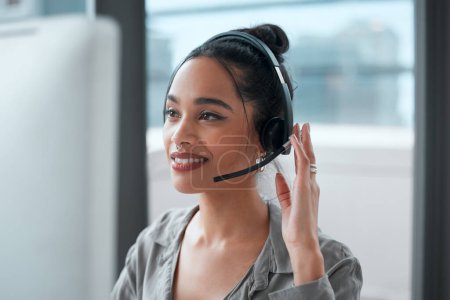 Customer service, computer and woman consultant in office for online crm consultation or enquiries. Telemarketing, headset and female technical support or call center agent with desktop in workplace
