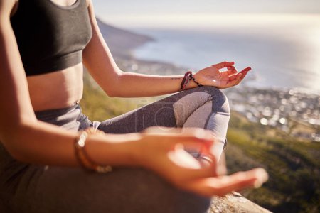 Photo for Hands, peace and black woman on mountain for meditation, yoga and exercise for wellness, sport or health. Workout, zen and person by nature, environment or outdoor with for fitness, lotus or freedom. - Royalty Free Image