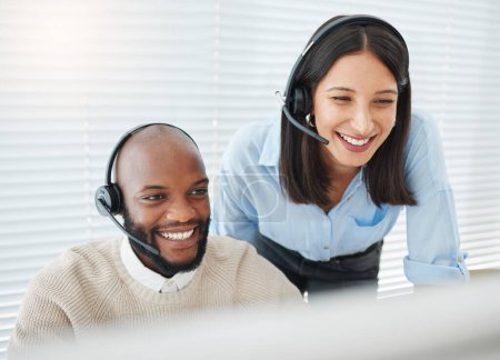 Photo for Training, smile or people consulting in call center for advice, talking or networking online in telecom. Happy, teamwork or sales agent learning on computer for coaching help or customer services. - Royalty Free Image