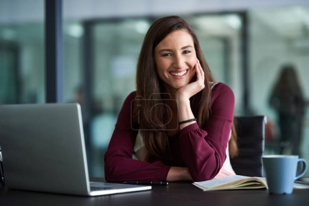 Photo for Businesswoman, office or computer or book with confidence for work, consulting with tech for report. Female consultant or laptop or paper in workplace for planning, feedback for employees or staff. - Royalty Free Image