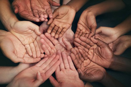 Photo for Hands, people and beg with gesture for symbol with trust or motivation with unity in community for gratitude. Poverty, group and hardship with sign, diversity and poor with strength in together. - Royalty Free Image