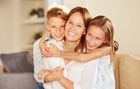 Photo for Portrait, happy mother and hug kids in home for love, care and family bonding together in living room. Face, smile and children embrace mom for support, connection and laughing sibling with parent. - Royalty Free Image