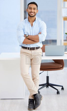 Photo for Portrait, man and arms crossed with confidence in office, IT consultant with pride and ambition. Happy, professional and drive with mission for computer software engineering industry and tech support. - Royalty Free Image