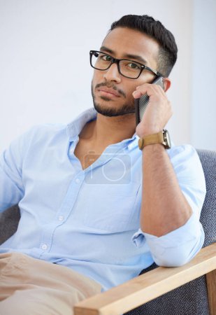 Photo for Man, phone call and portrait in office at startup for conversation, deal or contact at company. Entrepreneur, business owner and cellphone for networking, negotiation or chat at creative media agency. - Royalty Free Image