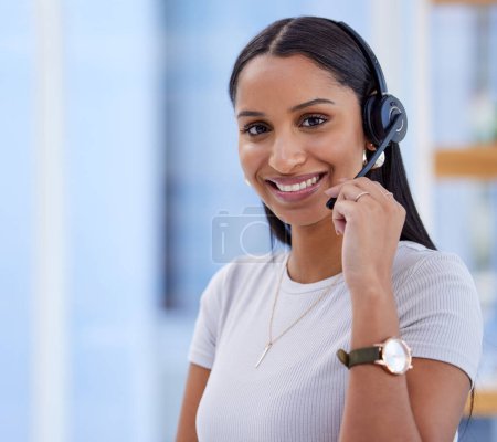 Photo for Portrait, smile and woman with headset in office for career, call agent or telecommunication. Professional, business person or consultant for advice, support or answer questions for customer service. - Royalty Free Image