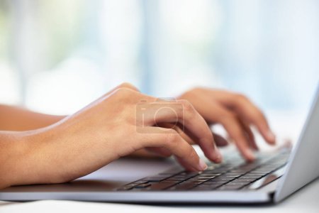 Laptop, hands typing and writer with research for script, screenplay or movie adaptation of novel. Zoom, computer and person with keyboard for editing, inspiration or storyline for production.