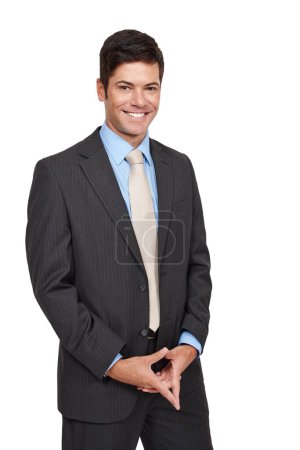 Photo for Portrait, businessman and smiling with suit, isolated and confidence in studio or white background. Male person, well dressed and happy in backdrop for recruitment, hiring and job opportunity. - Royalty Free Image