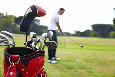 Photo for Player, man and club set on golf course for swing, training and professional sport on field. Person, learning and practice for golfer on ball shot, driver and outdoor performance or golfing exercise. - Royalty Free Image