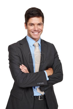Photo for Businessman, portrait and smiling with suit, isolated and confident in studio or white background. Male person, well dressed and happy in backdrop for recruitment, hiring and job opportunity. - Royalty Free Image