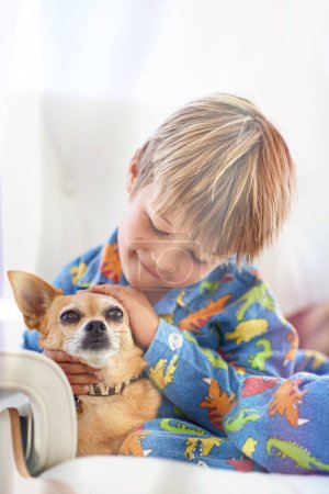 Foto de Hogar, sofá y niño con perro como mascota en sala de estar para la diversión, el juego y la vinculación con el desarrollo infantil. Conexión, animal y cachorro en sofá en el salón para el cuidado con el apoyo, el amor y los recuerdos de la infancia - Imagen libre de derechos