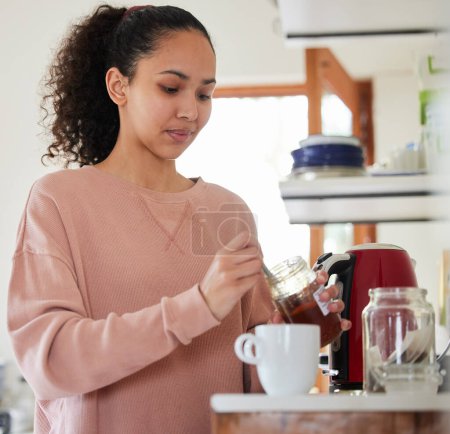 Photo for Honey, morning or woman with tea in kitchen for energy, wellness or break to start day in home or house. Begin, sweet or girl with mug on counter to prepare coffee, beverage or drink in apartment. - Royalty Free Image