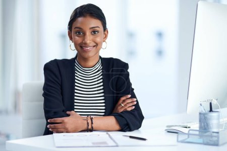 Photo for Lawyer, portrait and smile with office, confidence and working for professional law firm. Woman, technology and corporate employee with computer, information folder and ambition for startup agency. - Royalty Free Image
