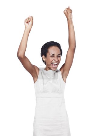 Photo for Black woman, studio and cheering for win or success, excited and celebrate for lottery or promotion. Female person, giveaway and victory or deal on white background, discount and bonus or reward. - Royalty Free Image