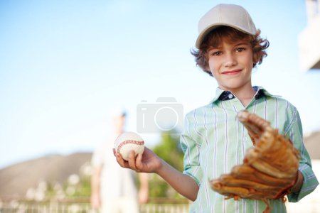 Photo for Boy, glove and baseball with portrait in backyard, games and play with dad for love, bonding and teaching. Child, smile and ready for softball, sports or learning with papa for fitness at family home. - Royalty Free Image