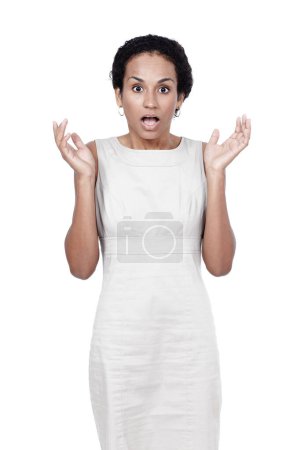 Wow, surprise and portrait of girl in studio with fake news, announcement or unexpected drama on white background. Shock, emoji or model with omg gesture for gossip, secret or mind blown expression.