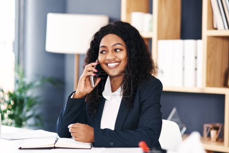 Phone call, lawyer or black woman with smile in a law firm for consulting, legal advice or networking. Mobile communication, justice or happy African attorney talking in conversation or discussion.