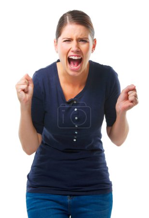 Angry, screaming and portrait of woman in studio with stress, disaster or mistake on white background. Anxiety, overthinking and female model shout for mental health crisis, fear or conflict trauma.