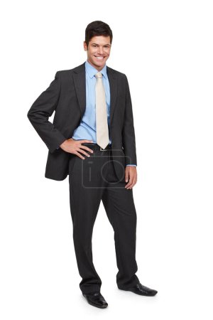 Photo for Businessman, portrait and happy with hand on hips, isolated and confidence in studio or white background. Male person, well dressed and smiling in backdrop for recruitment, hiring and job opportunity. - Royalty Free Image