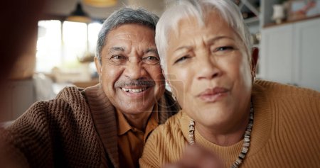 Photo for Face, video call or senior couple in living room talking on digital connection, virtual app or social media. Happy man, mature woman or people speaking online in selfie at home in retirement together. - Royalty Free Image