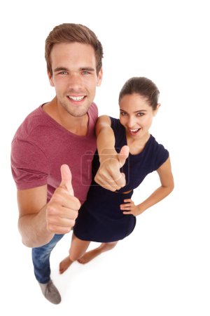 Photo for Marriage counselling, portrait and couple with thumbs up in studio top view for support, help or solution on white background. Therapy, service or people with OK hand emoji for reconciliation success. - Royalty Free Image