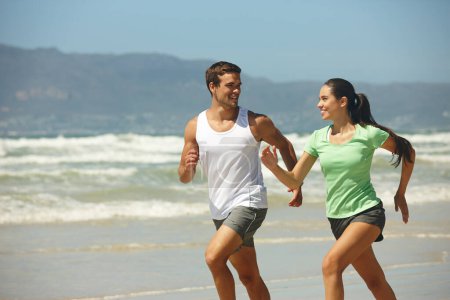Photo for Training, beach and running with couple, fitness and summer with wellness or practice with morning routine. Seaside, energy or man with woman or runner with hobby or activity with exercise or workout. - Royalty Free Image