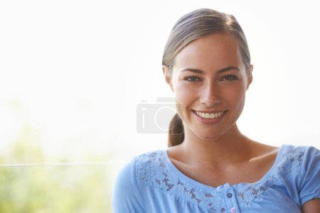 Photo for Outdoor, portrait and woman with smile, face and nature in summer, sunshine and peace of girl. Travel, adventure and female person on holiday, break and relax in hotel or resort as tourist in Cancun. - Royalty Free Image