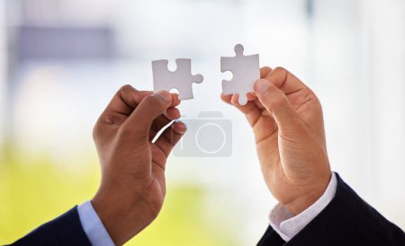Photo for Hands, puzzle and people for business solution with connection, synergy or integration at agency. Teamwork, toys and creativity for problem solving, strategy or link with ideas for vision at company. - Royalty Free Image