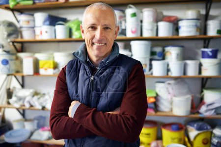 Photo for Portrait, man and confidence of happy store owner in business or retail for plastic in startup. Face, arms crossed and mature professional in shop, entrepreneur and smile of manager in Switzerland. - Royalty Free Image