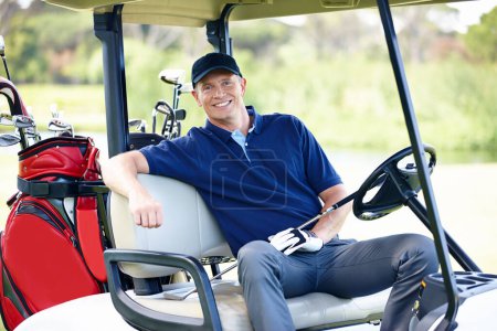 Photo for Man, golf cart and portrait for sports, fitness and exercise for hobby in summer outdoor. Golfer or happy person with equipment for adventure on field for training, activity and game on vacation. - Royalty Free Image