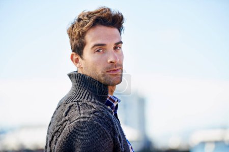 Photo for Smile, peace and portrait of man in city for journey, travel and holiday adventure in Canada. Confidence, male person and face with satisfaction for vacation, weekend getaway and outdoor trip. - Royalty Free Image