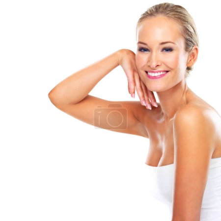 Photo for Happy woman, portrait and beauty with makeup, skincare or cosmetics on a white studio background. Face of young female person or model with smile in satisfaction for facial treatment on mockup space. - Royalty Free Image