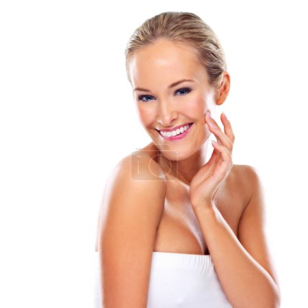 Photo for Portrait, beauty and skincare of happy woman for glow, body or health isolated on a white studio background mockup. Face, makeup and smile of blonde model touching skin with cosmetics for dermatology. - Royalty Free Image