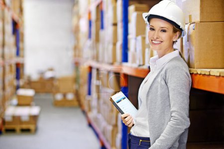 Photo for Tablet, smile or woman in warehouse for safety, shipping delivery, product or stock in factory by shelf. Printing logistics, happy inspector or boxes for package or cargo for online order on website. - Royalty Free Image