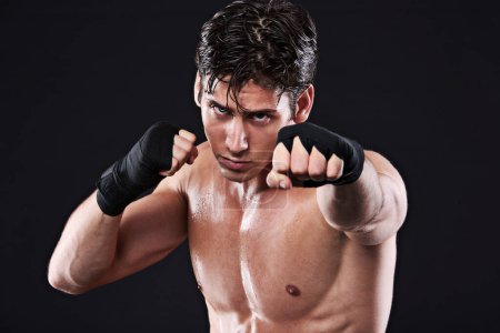 Photo for Sports, boxing and portrait or man training, workout and exercise for mma fighting in studio. Serious, male athlete and shirtless boxer, punch and strike in martial arts practice on black background. - Royalty Free Image